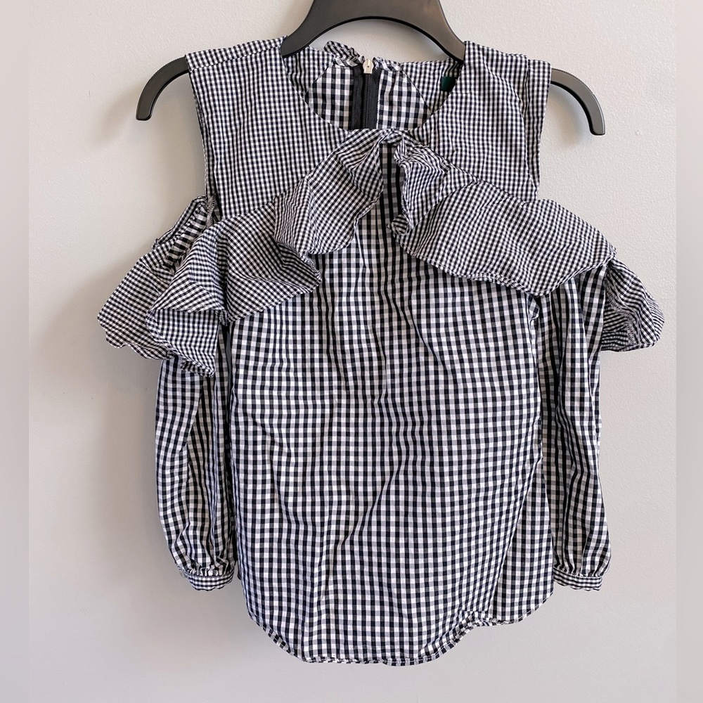 Gingham Cold-Shoulder Ruffle Blouse - Black & White